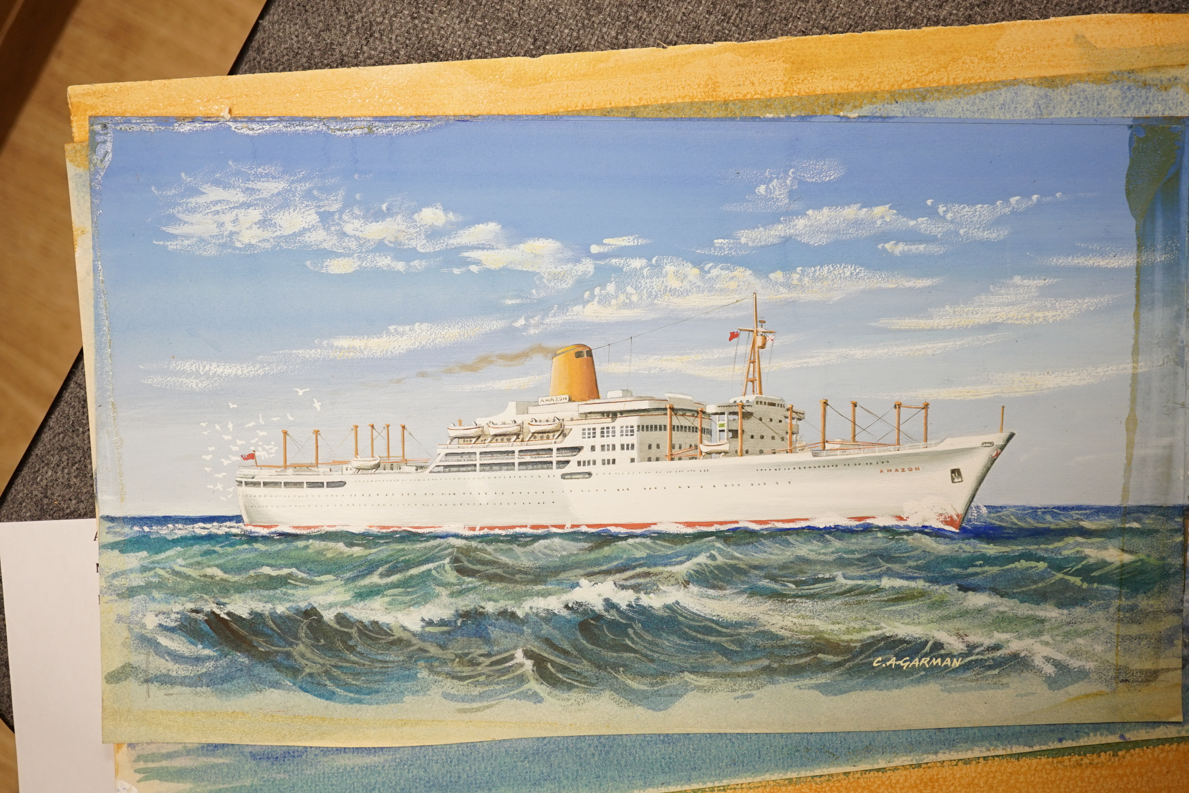 Cyril A Garman (20th. C), set of five original watercolours for postcard designs, ocean liners, ‘Pendennis Castle’, ‘Statendam’, ‘Empress of Britain’, ‘Amazon’ and ‘Rotterdam’, each signed, unframed, largest 24 x 35cm. C